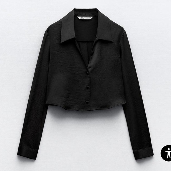 Zara satin effect crop shirt in black - Picture 1 of 4